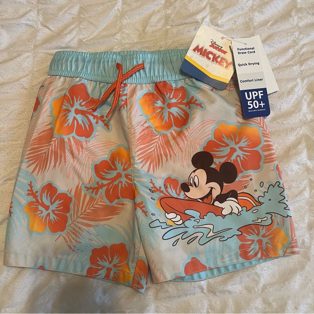 Mickey Mouse 2T Disney Surfing Hawaiian Toddler Boy Swim Trunk Liner Drawstring